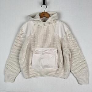 Mango Women’s XS Cropped Hooded Cable Knit Patchwork Sweater Cream Front Pocket